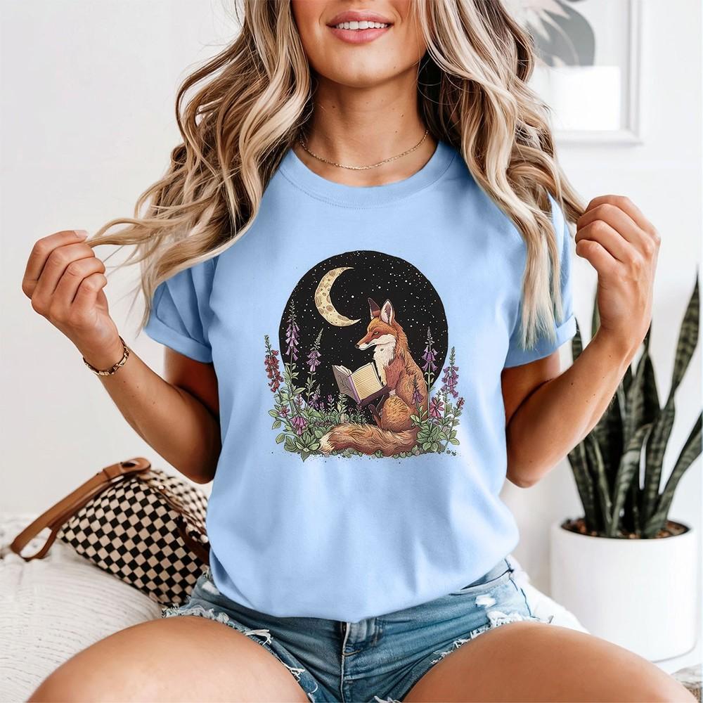 Fox Reading Book Hobbies Unisexs TShirt Nature Night Sky Tee 2XL