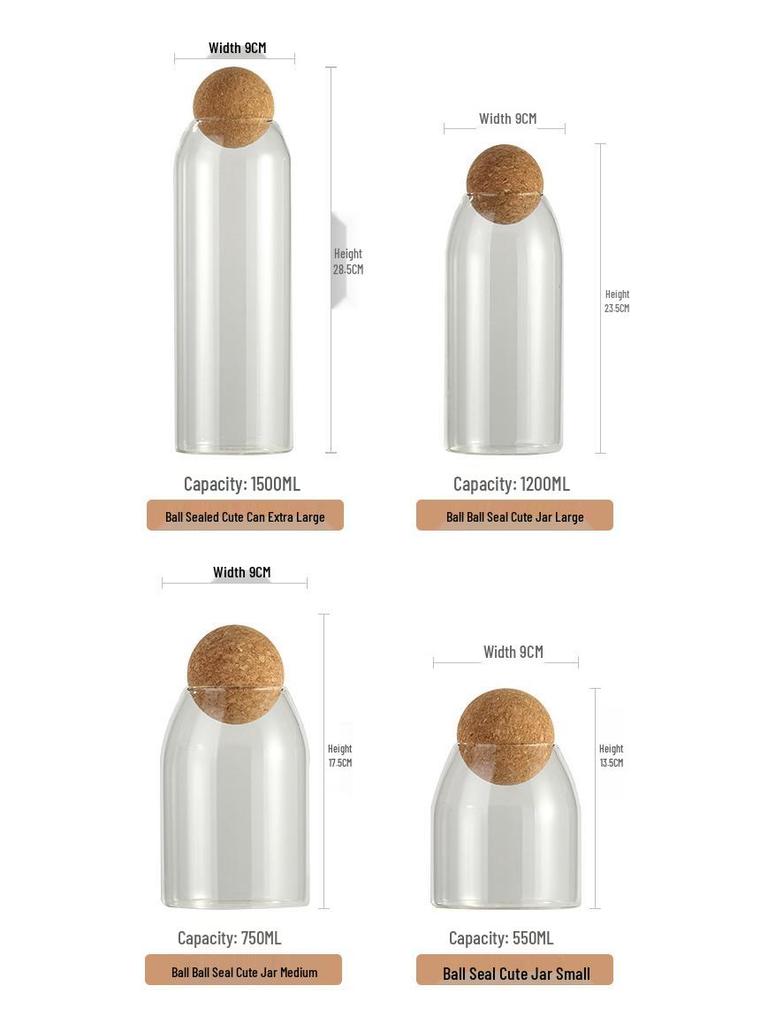 Transparent Borosilicate Glass Jar with Cork Stopper for Tea, Coffee, and Cereal Storage