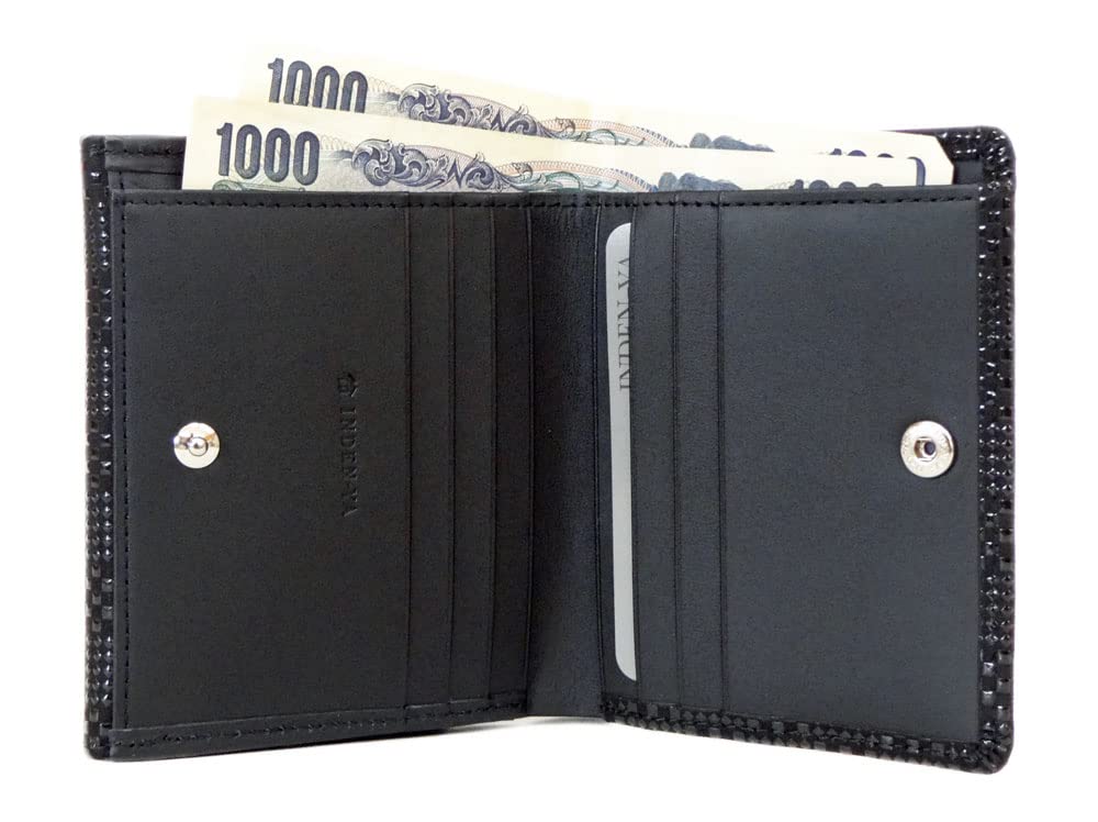 [Inden-ya] Inden Bifold Wallet with Bill Compartment E 2215, Black Deerskin with Black Lacquer, Small Checkered Pattern, 10cm x 11cm x 3.5cm,