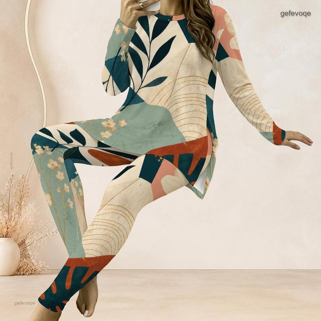 Women Plus Size Round Neck Long Sleeve Multicolor Printed Longline Top Fitted Pants Two Piece Set