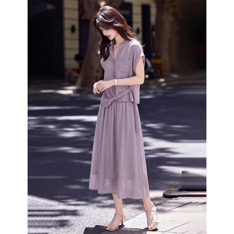 Women's Linen Blend Tie-Waist Shirt & A-line Skirt Set
