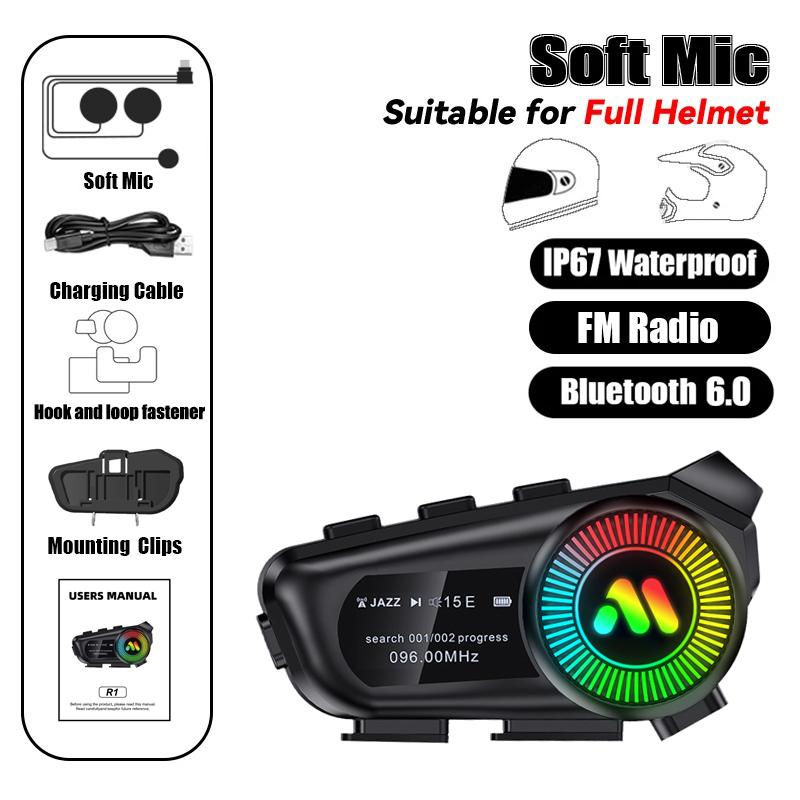 Bluetooth Motorcycle Helmet Headsets Wireless Communication Riding Earphones BT 6.0 FM Radio LED Display TF Card Support