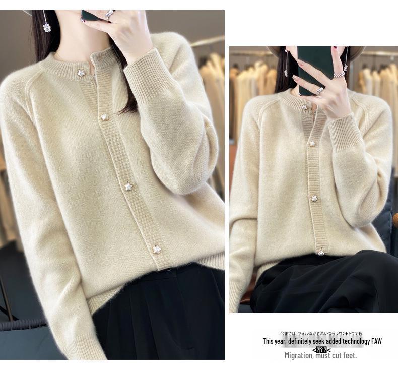 2023 Fall/Winter Women's Wool Cardigan: Stylish Round Neck, Loose Fit, Versatile Knitwear, Long Sleeve Sweater
