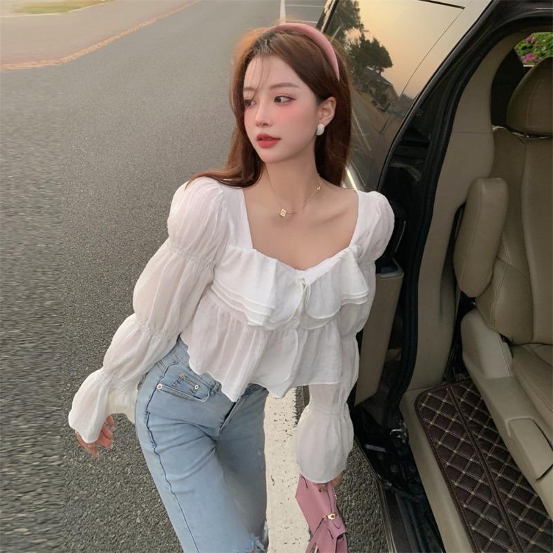 Sweet Temperament Square Neck Ruffled Bubble Sleeves Women's Shirt