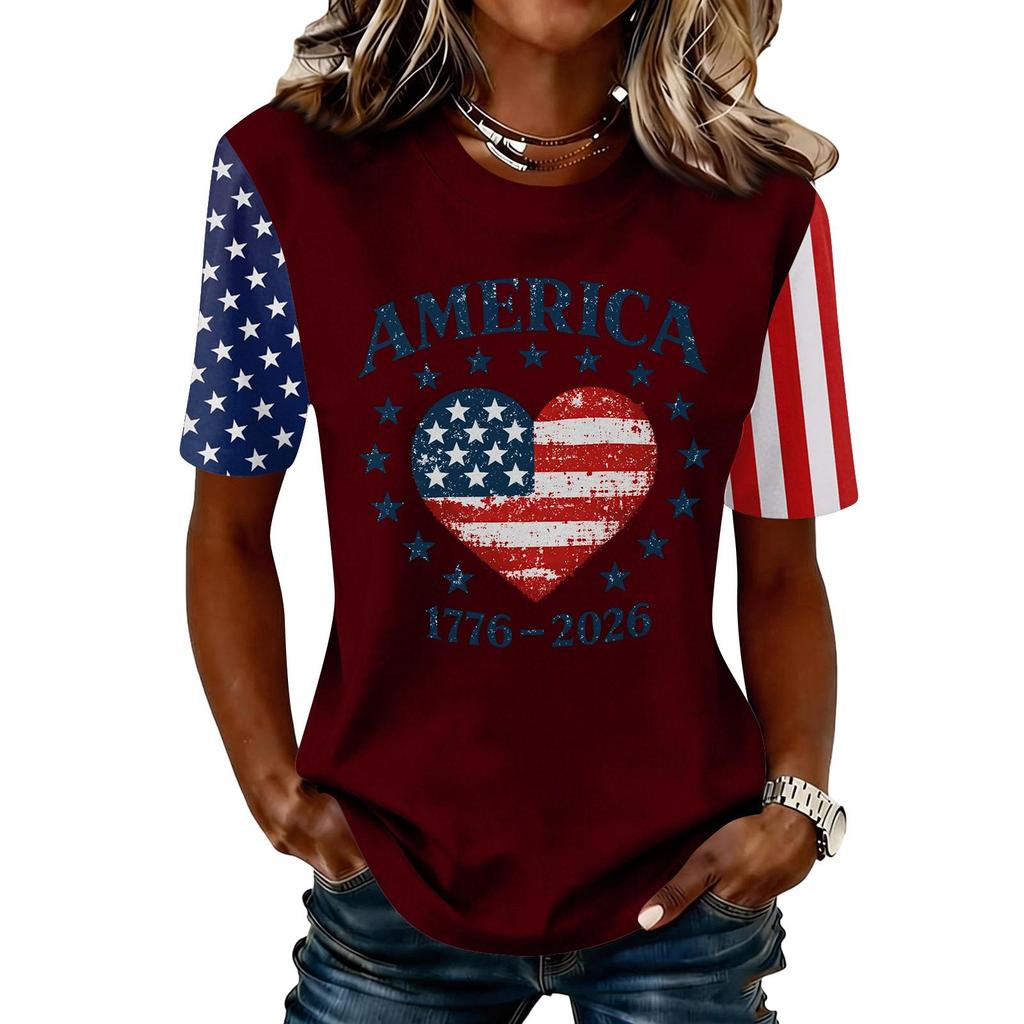 Blusa Feminina da Moda Casual de Manga Curta com Estampa e Gola Redonda