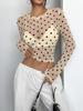 Womens Polka Dots Long Sleeve Mesh Tops Sexy See Through Sheer Blouses Shirts Going Out Crop Top Y2K Date Night Club Party Tops