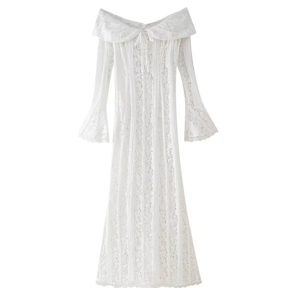 Elegante Abito in Pizzo Bardot a Vita Alta per la Moda Primavera Donna