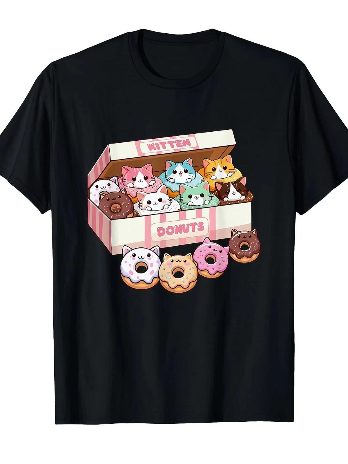 

Kawaii Kitten Donuts T-Shirt | Cute Cat Pastry Bakery Graphic Tee S