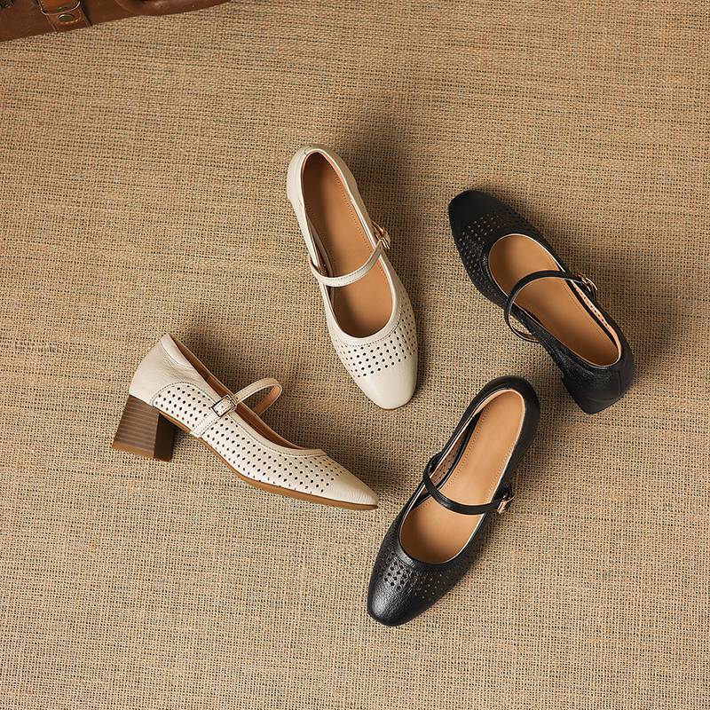 Krazing Pot Sheepskin Round Toe Thick Heels Summer Shoes Solid Big Size 42 Hollow Decoration Women Shallow Pumps