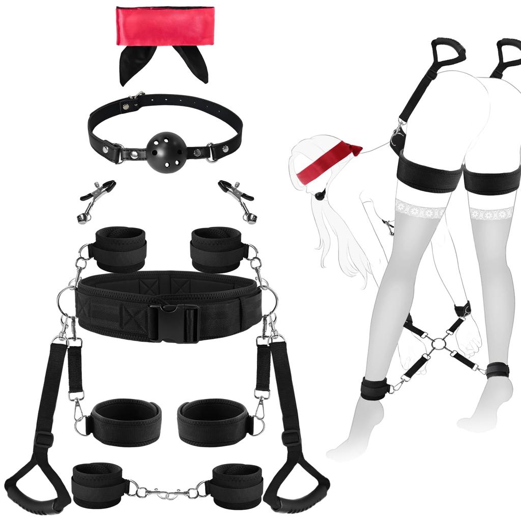 Adjustable Handcuffs Ankle Thigh Cuffs Gag Blindfold 9 Pcs Set Restraint Kits Sex Bondage BDSM Women Adult Sex Toys for Couples