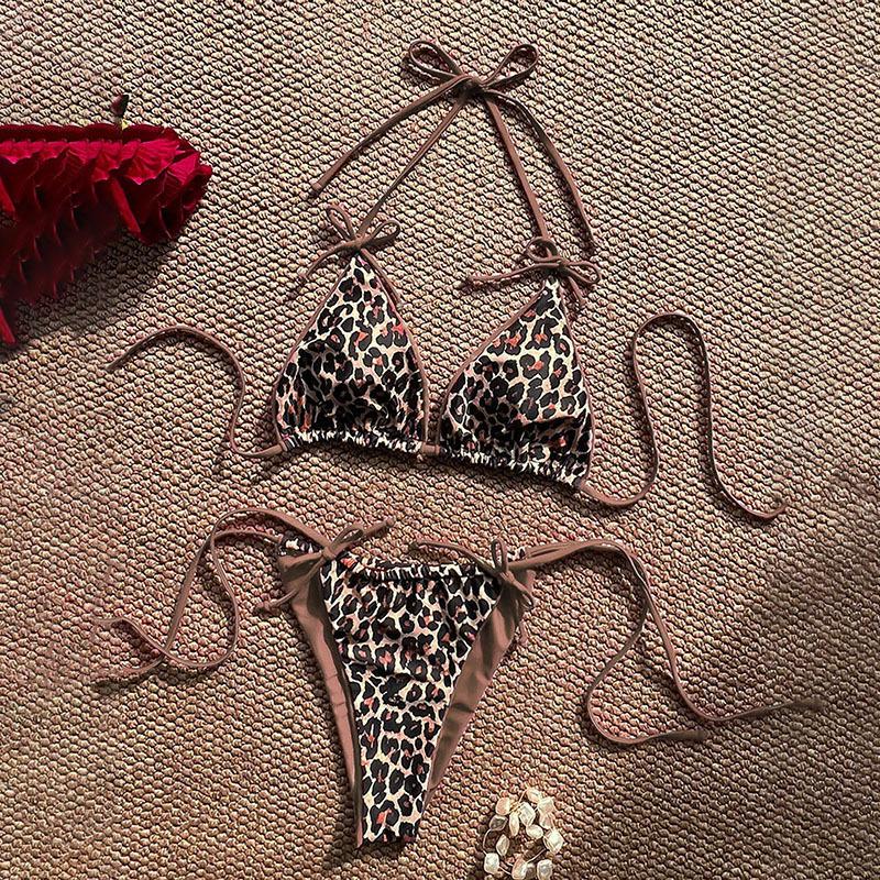 TS JYL-BK203 Leopard Block Bikini, Lace-Up Alluring Swimwear For Beach L