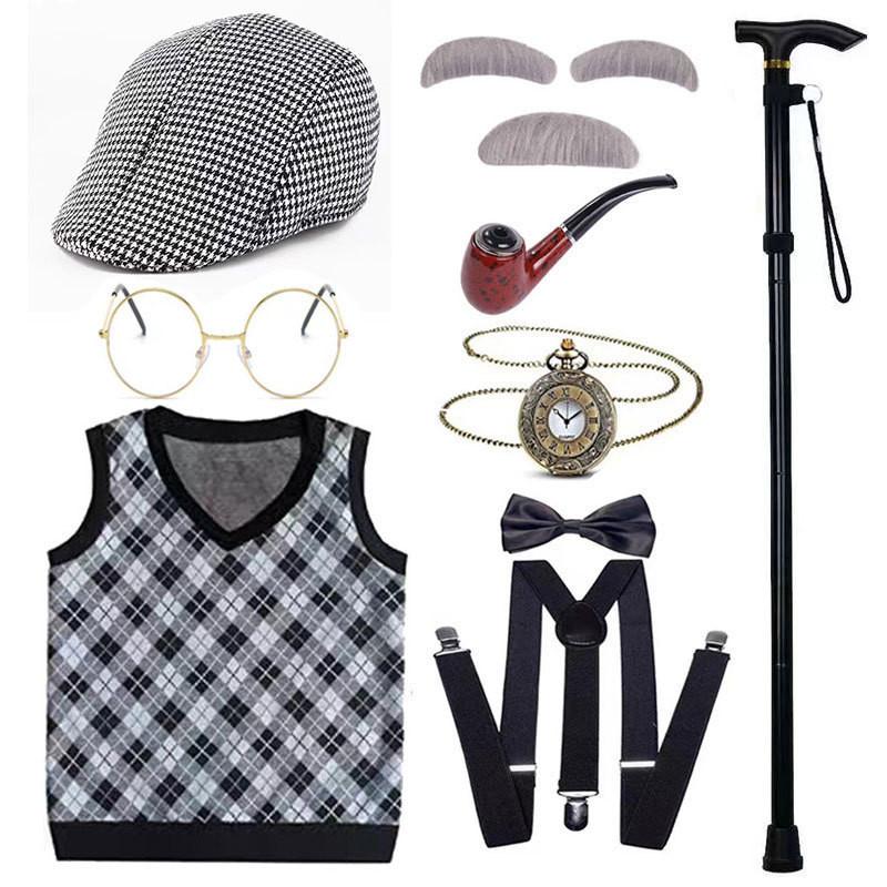 Disfraz de abuelo premium con peluca, chaleco elegante y accesorios para niños y adultos.