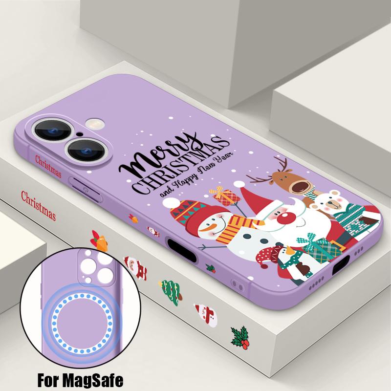 Christmas Santa Elk Pattern Slim Magnetic Cover For iPhone 16E 15 Pro Max 14 13 12 Pro 11 for Magsafe Matte Shockproof Soft TPU Lanyard Phone Case