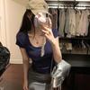 Women's Slim Fit U-Neck Short Sleeve Top - Trendy Low Cut Collarbone Style