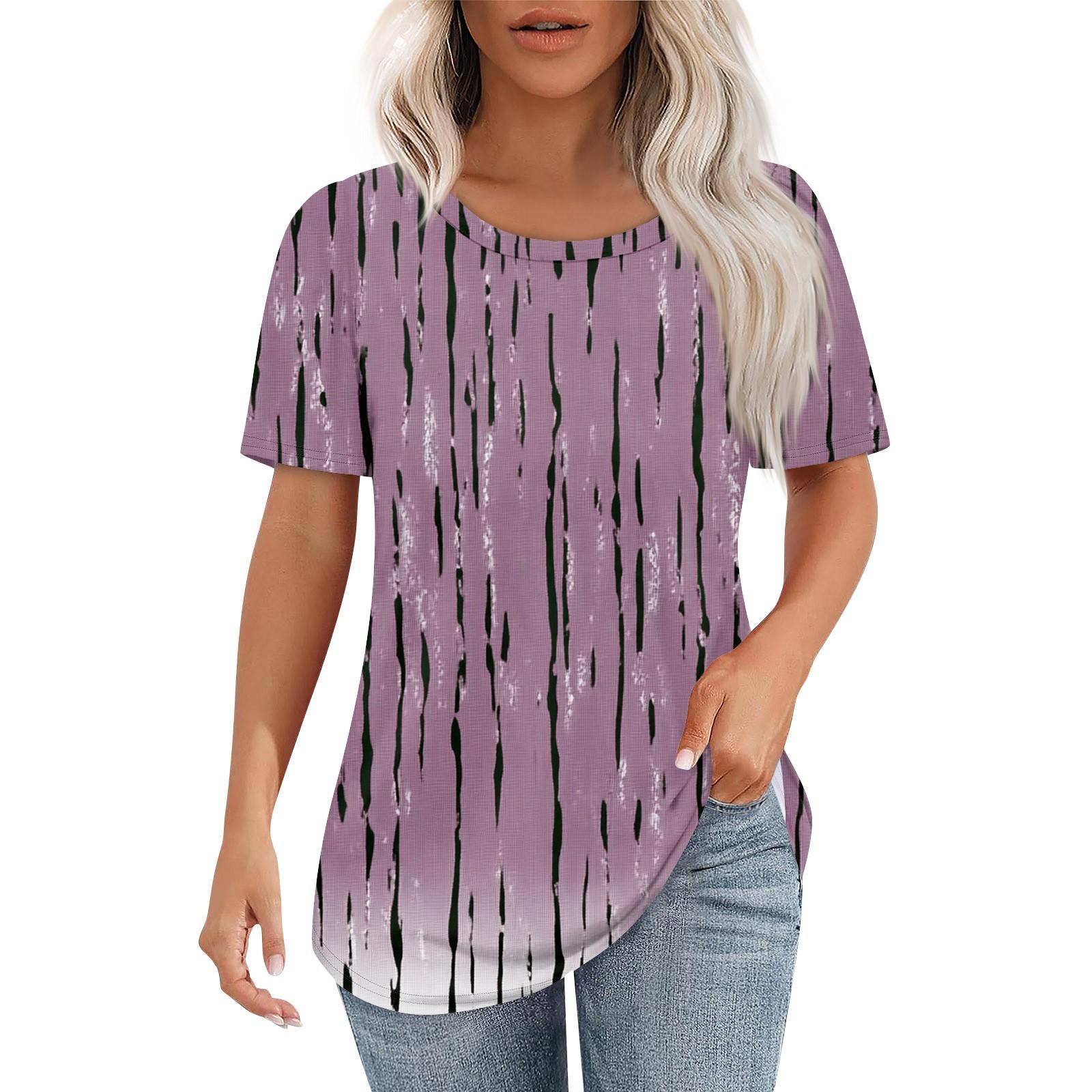 

Футболки для женщин, плиссированные, с круглым вырезом, нарядные, повседневные, блузки с принтом, с коротким рукавом, летние топы, свободный крой XL фиолетовый
