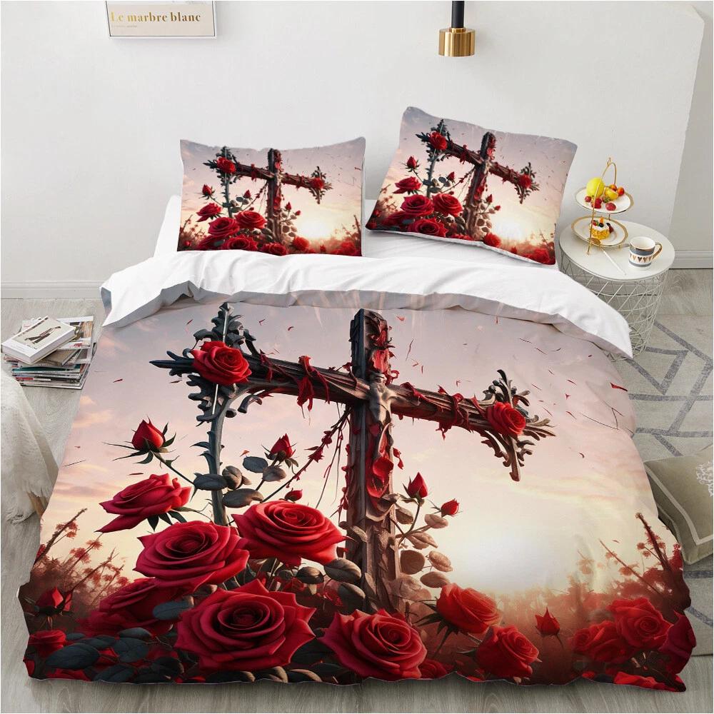 

Cross Rose Flower Bedding Set Christian Believersl Down Duvet Cover Queen King Double Duvet Cover Pillowcase 2/3 Gift Soft Bedroom Decoration UK Single 135x200cm
