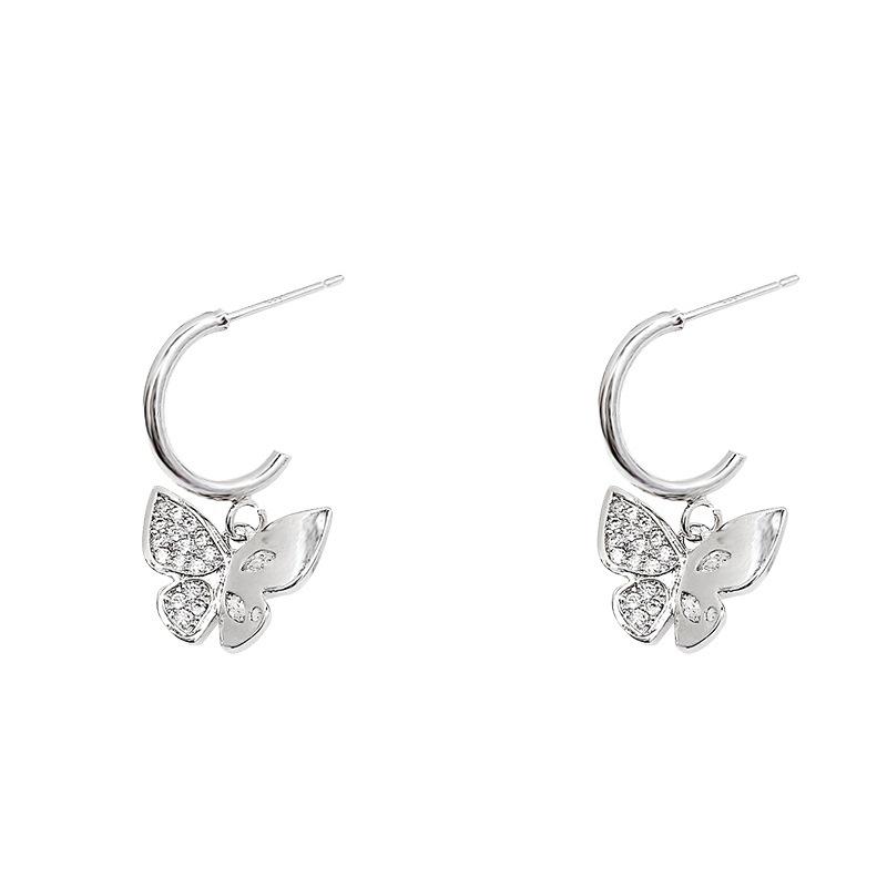 New micro-inlaid zircon butterfly pendant earrings women's cold style versatile niche high-end stud earrings