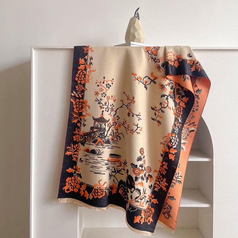 Imitation Cashmere Temperament Scarf Women'S Winter Shawl Thickened Double-Sided Dual-Purpose Long Flower