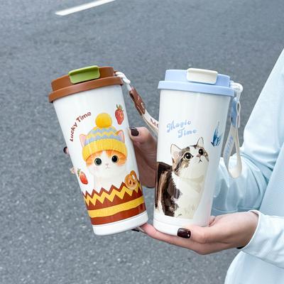 Coffee Thermos Cup Large Capacity Student Cup Portable Double Drinking Straw Water Cup New Girls High Value