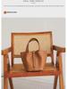 Black Genuine Leather Lychee Pattern Bucket Tote Bag for Women