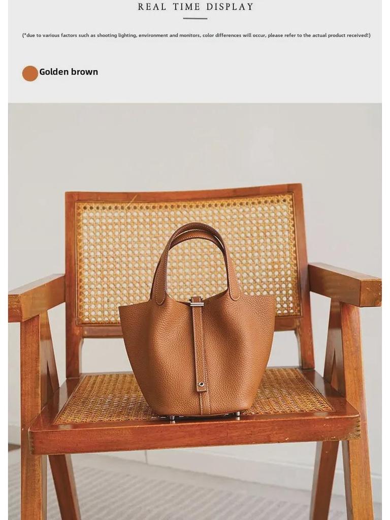 Black Genuine Leather Lychee Pattern Bucket Tote Bag for Women