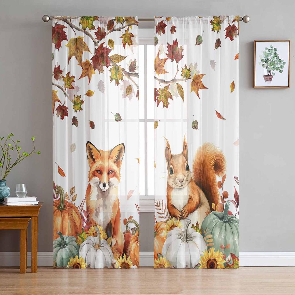 Thanksgiving Pumpkin Maple Leaf Sheer Drapes for Living Room Decoration Window Curtain Kitchen Curtain Panels