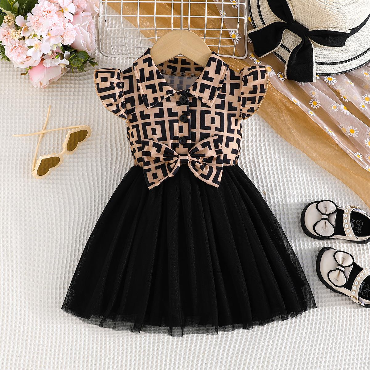 

Summer Plaid Fashion Patchwork Flutter Sleeve Dress for Girls 2-3Y чорний