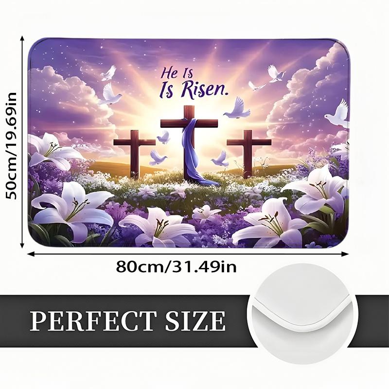 Cross Lily Flower Theme Floor Mat - Creative Easter Religious Area Rug - Indoor Home Decor Bedroom Living Room Entrance Rug