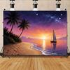 2D Vacation Themed Backdrop, Starry Ocean Sunset with Palm Trees & Sailboat Banner