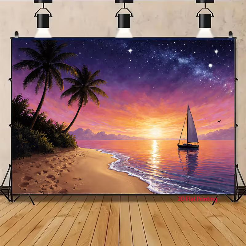 2D Vacation Themed Backdrop, Starry Ocean Sunset with Palm Trees & Sailboat Banner