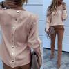 Fashion Office Lady Metal Button Back Long Sleeve Puff Shoulder Blouse Shirt Top