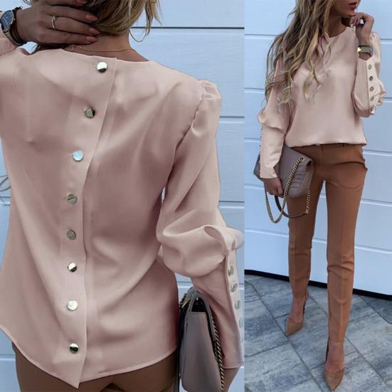 Fashion Office Lady Metal Button Back Long Sleeve Puff Shoulder Blouse Shirt Top