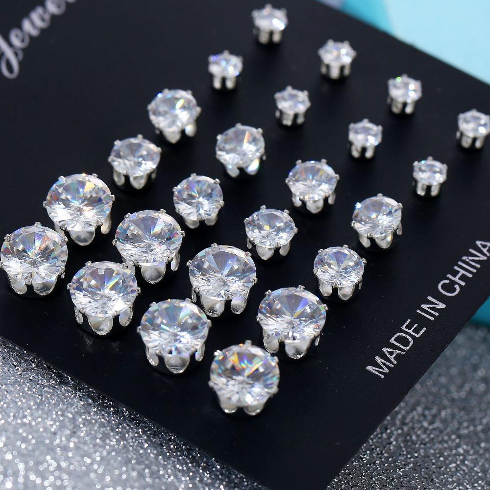 6/12Pairs Elegant Wedding Women Alloy Silver Round Zircon Geometric Crystal Stud Earrings Set