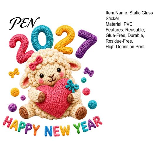 Year of Sheep Party Supplies Chinese New Window Stickers, 2027 Goat Static Clings, Cute Easy Installation Stickers Crochet Knit Decals, Reusable Decor