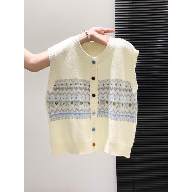 Retro Jacquard Layering Sleeveless Vest Knit Waistcoat For Women Autumn Winter New Style Color Block Single Breasted Top Cardig
