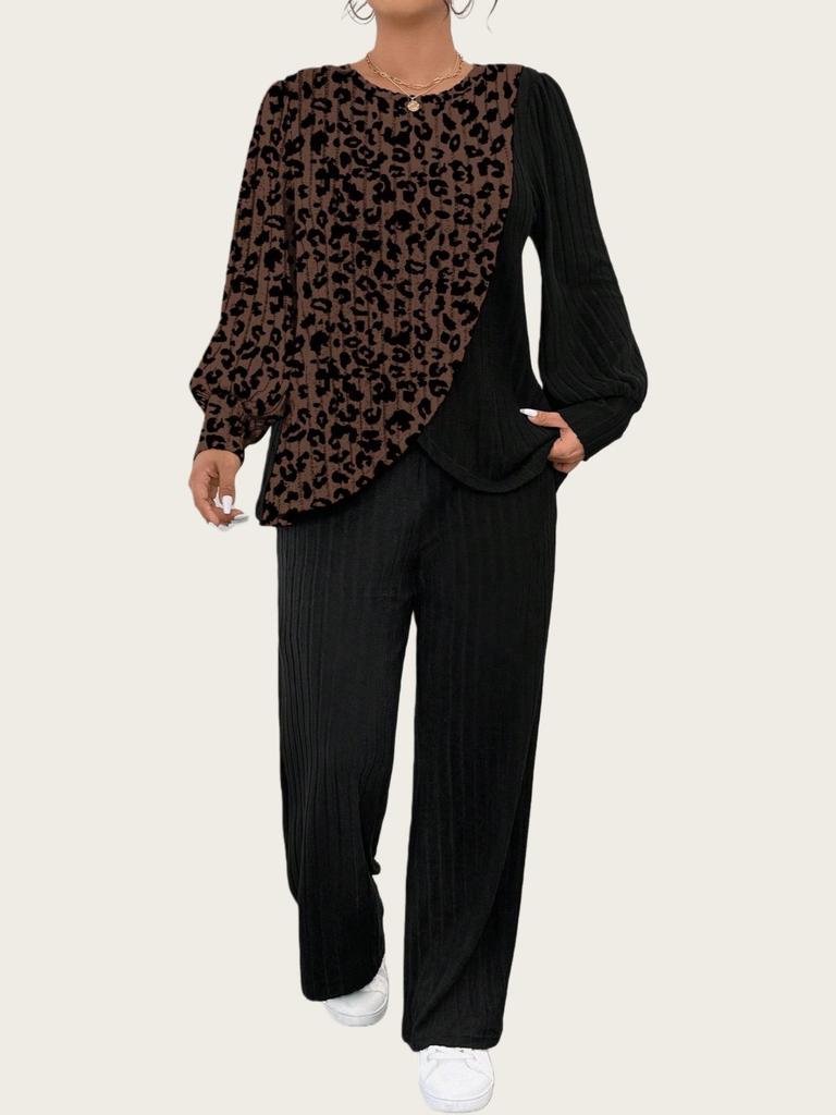 Dámská pletená souprava s barevným potiskem a rovnými kalhotami, nadměrná velikost