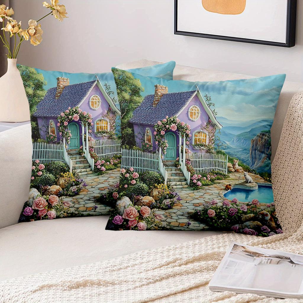 Pieces Fairytale Purple Cottage Garden Throw Pillow Covers Pattern Cushion Cover Suitable for Sofa Bedroom Car Pillow Cover
