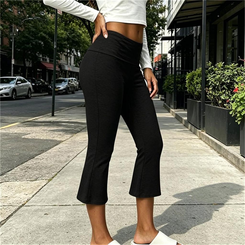 Women's Low Waist Folded Flared Capri Pants Stretchy Yoga Trousers Slim Fit Comfortable Casual Wear