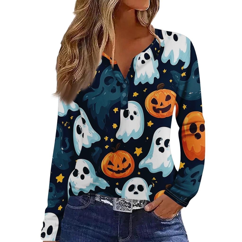 Women's Halloween Print V-Neck Long Sleeve T-Shirt with Button for Casual Holiday Wear