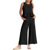 Women's Summer 2 Piece Outfits Sleeveless Pleated Ruffle Tank Top Wide Leg Cropped Pants Casual Loose Linen Matching Set with Pockets