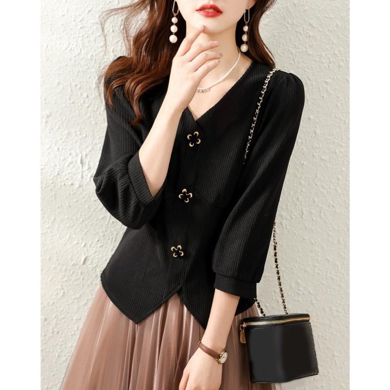 

Дизайнерская рубашка Sense Niche для женщин на весну с рукавами три четверти и V-образным вырезом, стильный черный топ с утягивающей талией, футболки для женщин 2XL