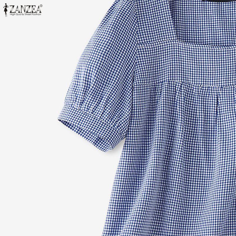 ZANZEA Women Grid Print Casual Square Collar Short Sleeve Blouse
