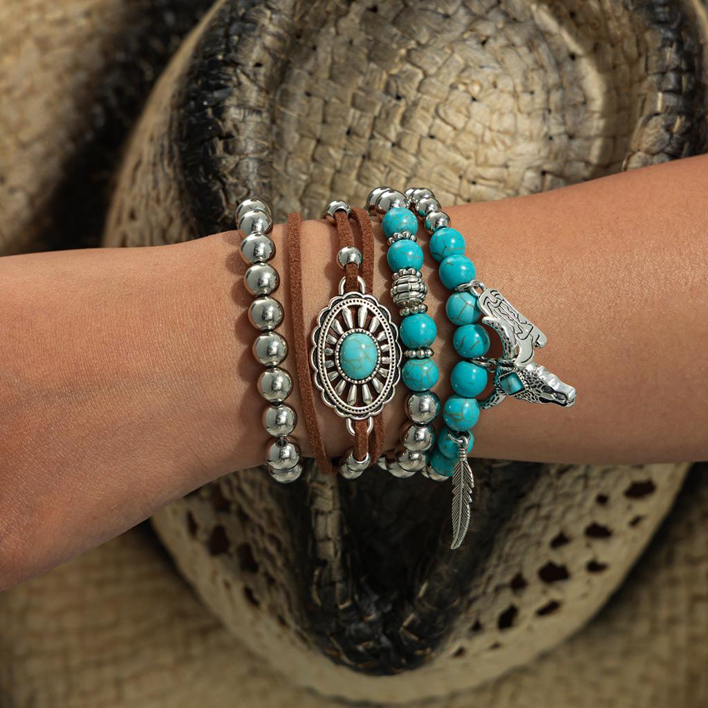Bracelet Élastique Perles Turquoise Tête de Vache Style Ethnique Rétro Bracelet Personnalisé Maillard Perles Rondes Porté en Accumulation Bijoux