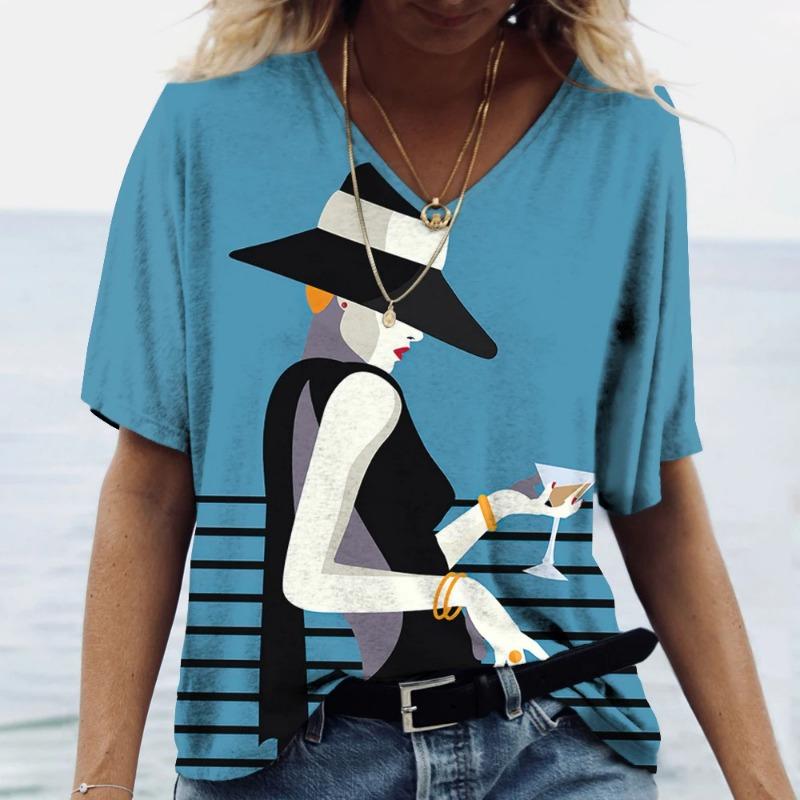 Ladies' V-neck T-shirt 3D Digital Printing Art Abstract Face Fashion Casual Trend Printed Short Sleeved Shirt