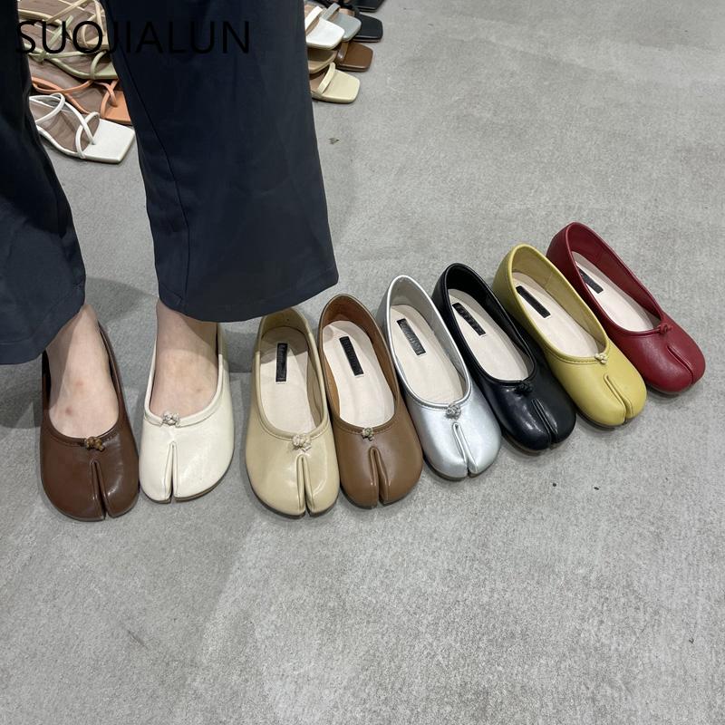 Fashion SUOJIALUN 2025 Autumn Women Flats Ballerina Shoes Fashion Split Toe Flat Ballet Female Casual Slip On Loafer Bot Knot Flats Muje