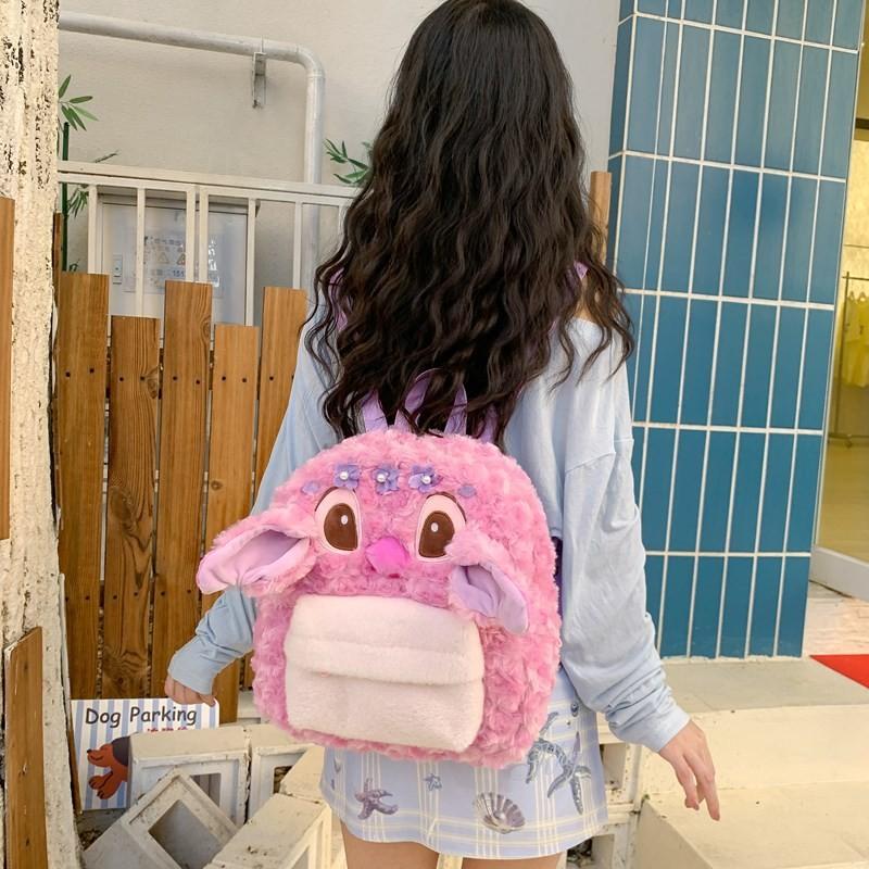 Stitch Pink Plush Backpack Cherry Blossom Pearl Design With Closure Drawstring