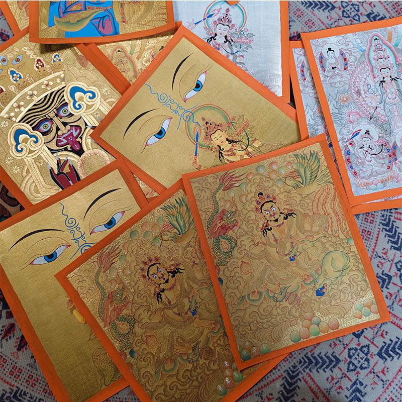 Hand-Painted Nepalese Buddha Thangka: Manjushri, Yellow Jambhala, Thousand-Armed Avalokiteshvara, Mahakala, Zhakilaamu Wall Hanging