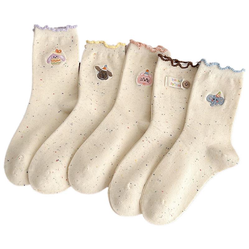 Black Ear-trimmed Socks for Girls, Cute Cartoon Embroidered Lace, School Style Stockings, Ideas, Gauze Labels, Pile Socks