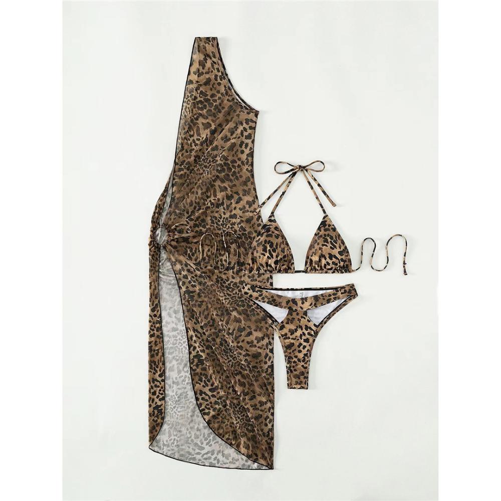 

С прикрытием леопардовый Холтер бикини женский купальник женский купальник из трех частей комплект бикини купальный костюм плавать леди L коричневый