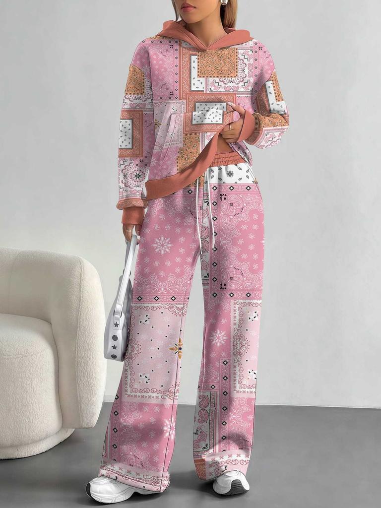 Retro Pattern 1116 European and American Autumn and Winter Casual Long-sleeved Suit Women's Hooded Sweater Trousers Two-piece Set